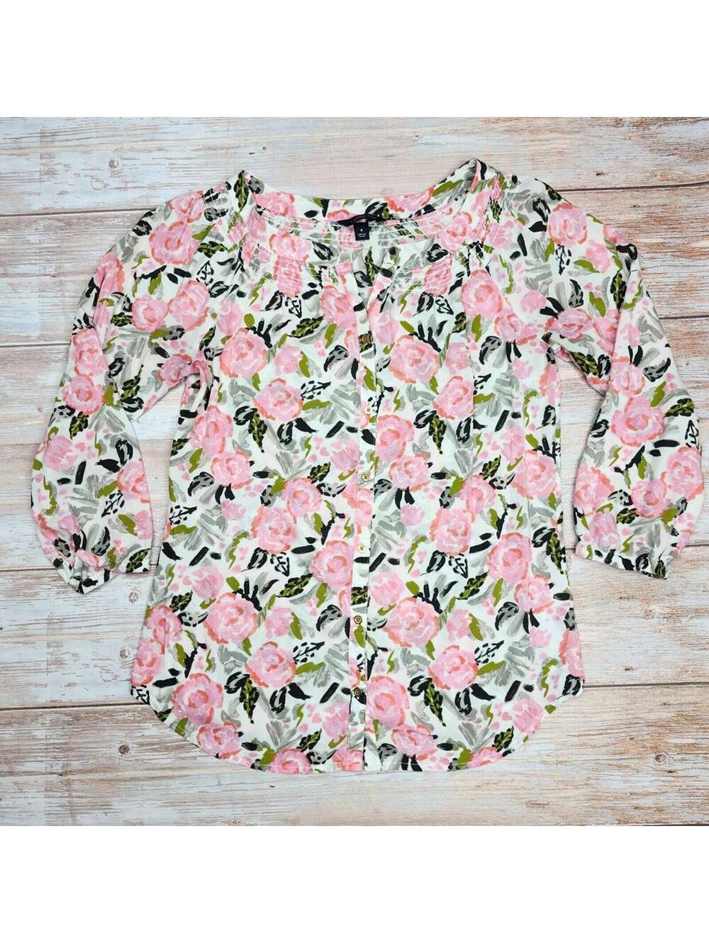 Floral Button-Up Blouse with 3/4 Sleeves Lands End Size 4